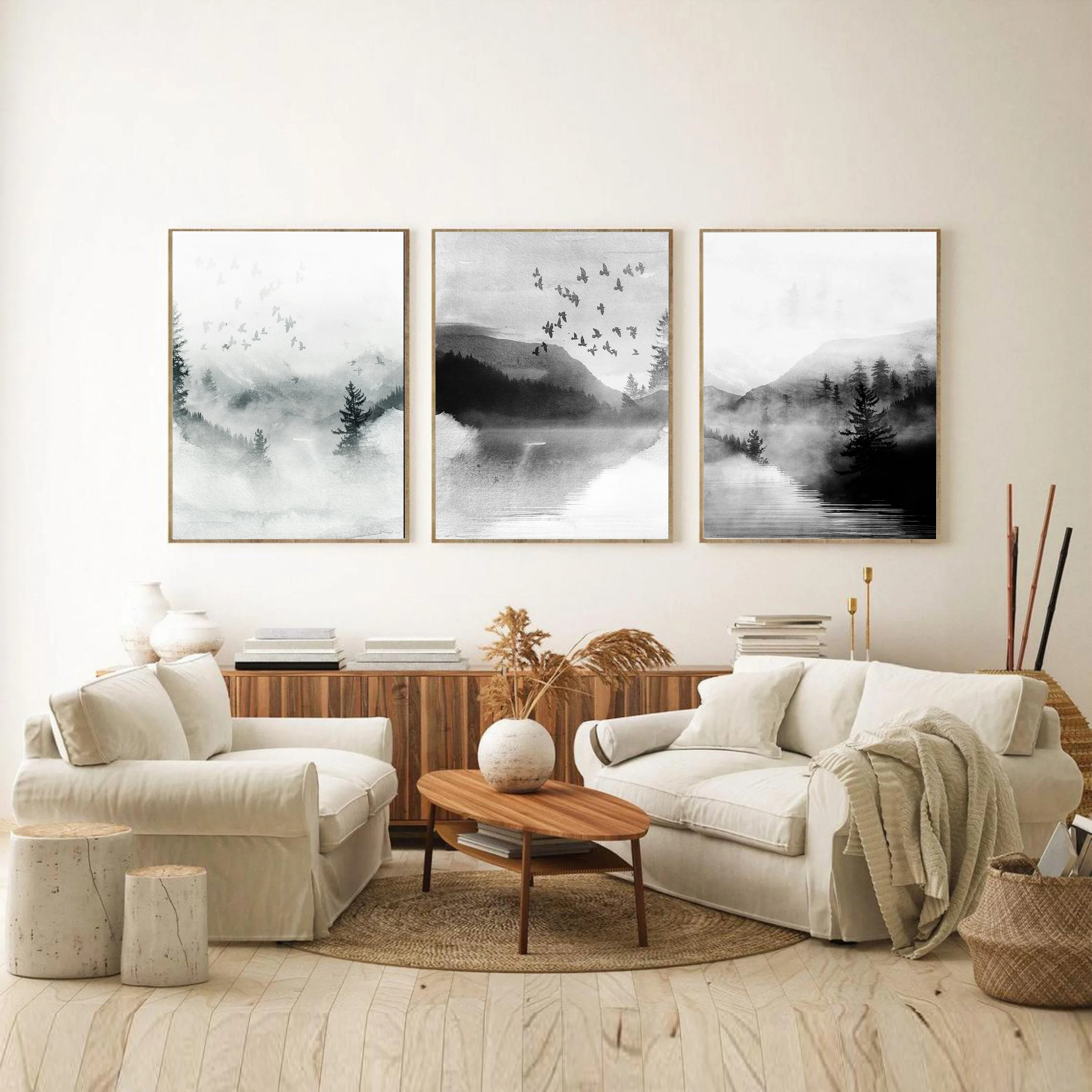 Acquerello Paesaggio Poster Mountain Lake Bird Wall Picture Nature Art Print Nero Bianco Tela Pittura Modern Room Home Decor