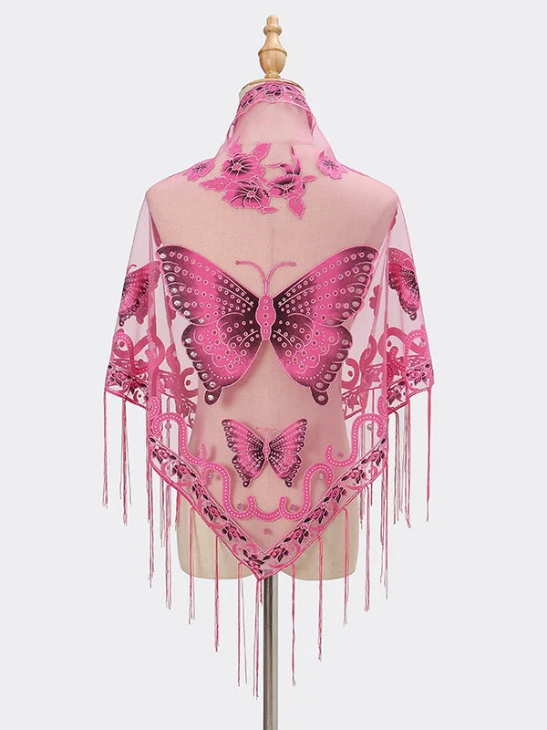 

Summer Sun Scarf With Lace Butterfly Print Japanese Korean Triangle Headscarf Fashion Hollow-Out Fringe Women All Wear Shawl