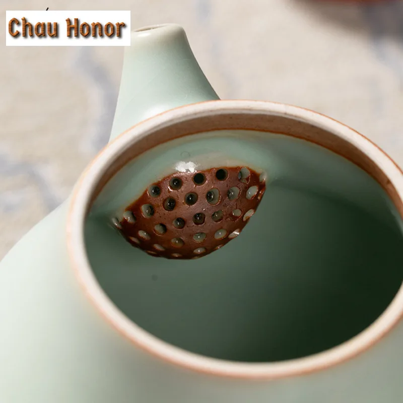 Handmade Ru Kiln Porcelain Pear Shape Tea Set Complete Set Creative Tea Ceremony Set Teapot and Tea Cup Set Tableware Decoration