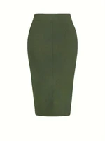 Plus Size 2024 Spring/Summer New  Solid Ruched Drawstring Split Skirt, Casual Bodycon Stretchy Skirt For Spring & Summer, Women - Image 5