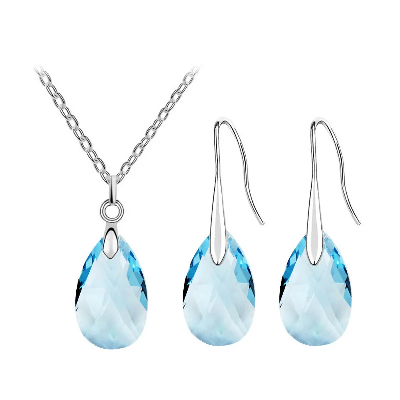Crystal Tear Water Pendant Necklace Earrings Jewelry Set