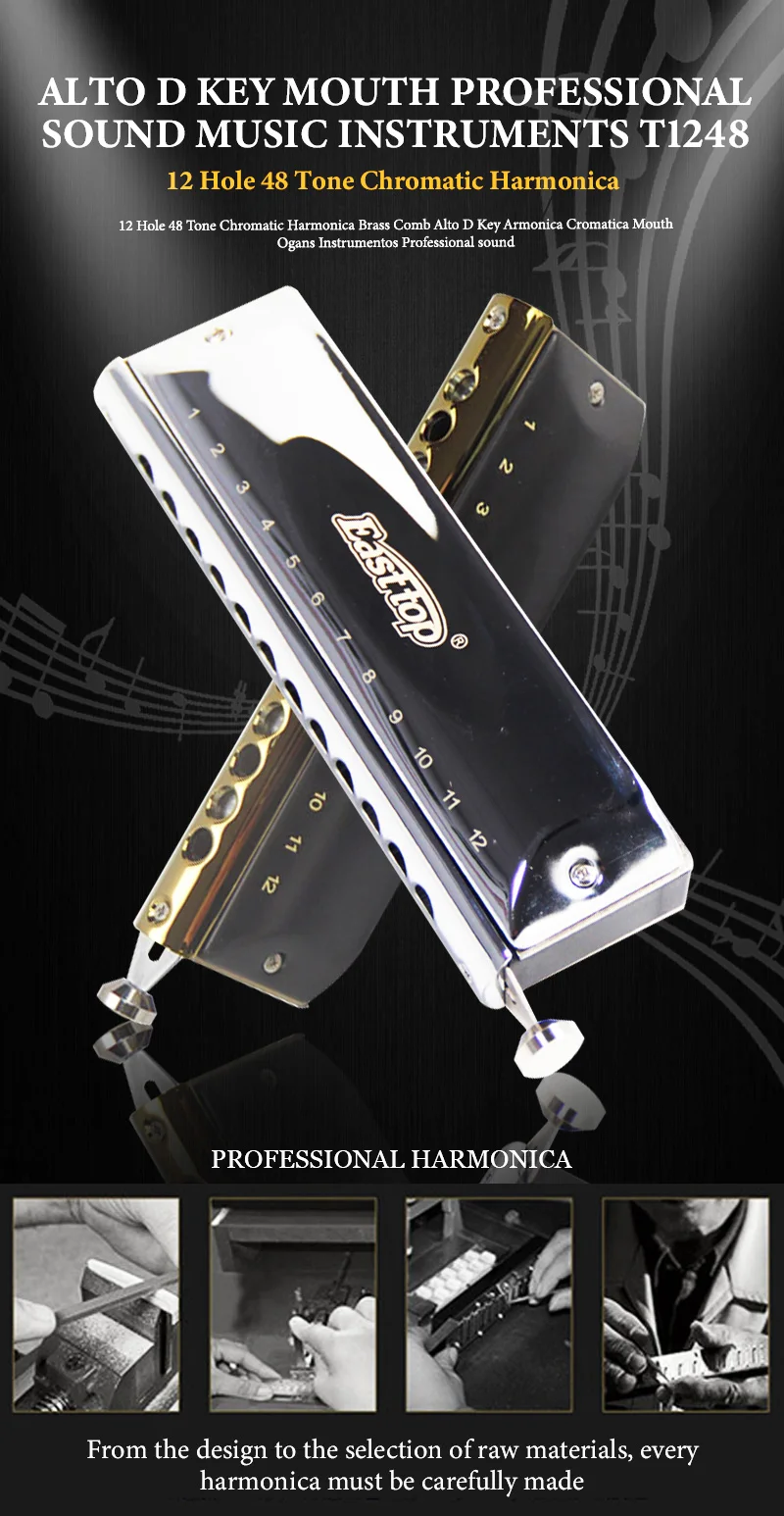 Description Picture 2 of itemEASTTOP T1248 12 Hole 48 Tone Chromatic Harmonica Alto D Key Mouth Professional Sound Music Instruments