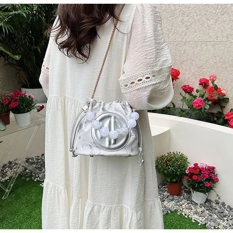 Sweet Drawstring Gather Bucket Bag Women Butterfly Print Patchwork Shoulder Bags Ladies Beaded Handle Elegant Crossbody Bag 2025