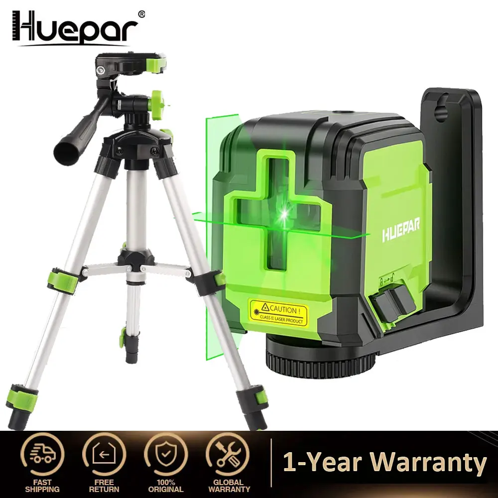 Самонивелирующийся лазерный уровень Huepar, нивелир с 2 линиями пересечения горизонталей и вертикалей, с зеленым лучом и штативом