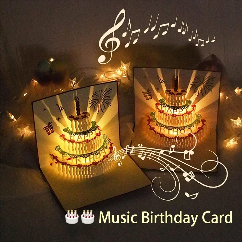 Birthday card 3d light music pop-up cake creative greeting card gift message for happy birthday party