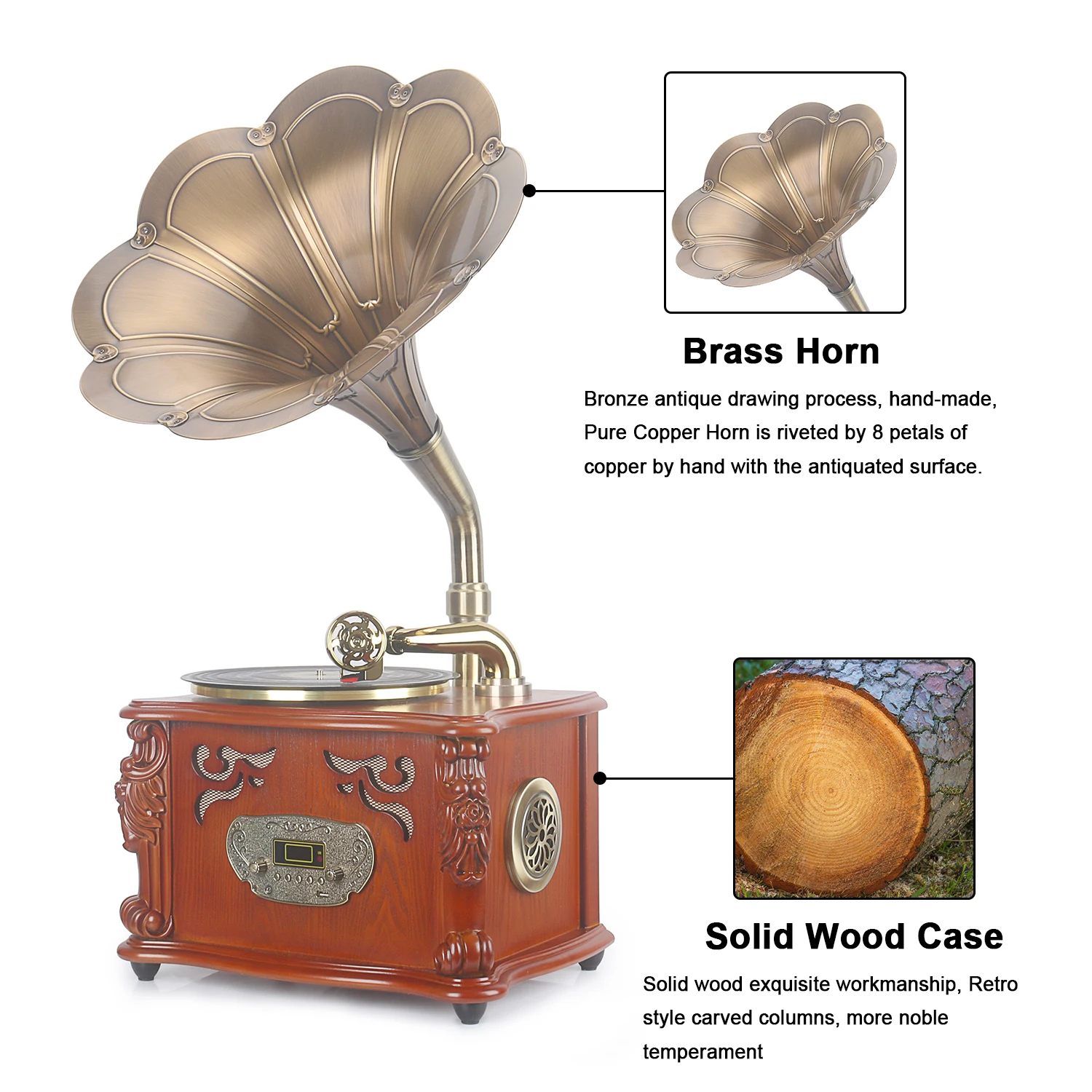 레트로 우드 혼 그래모폰 턴테이블 33/45 RPM 바이닐 재생 및 블루투스 스피커 포함