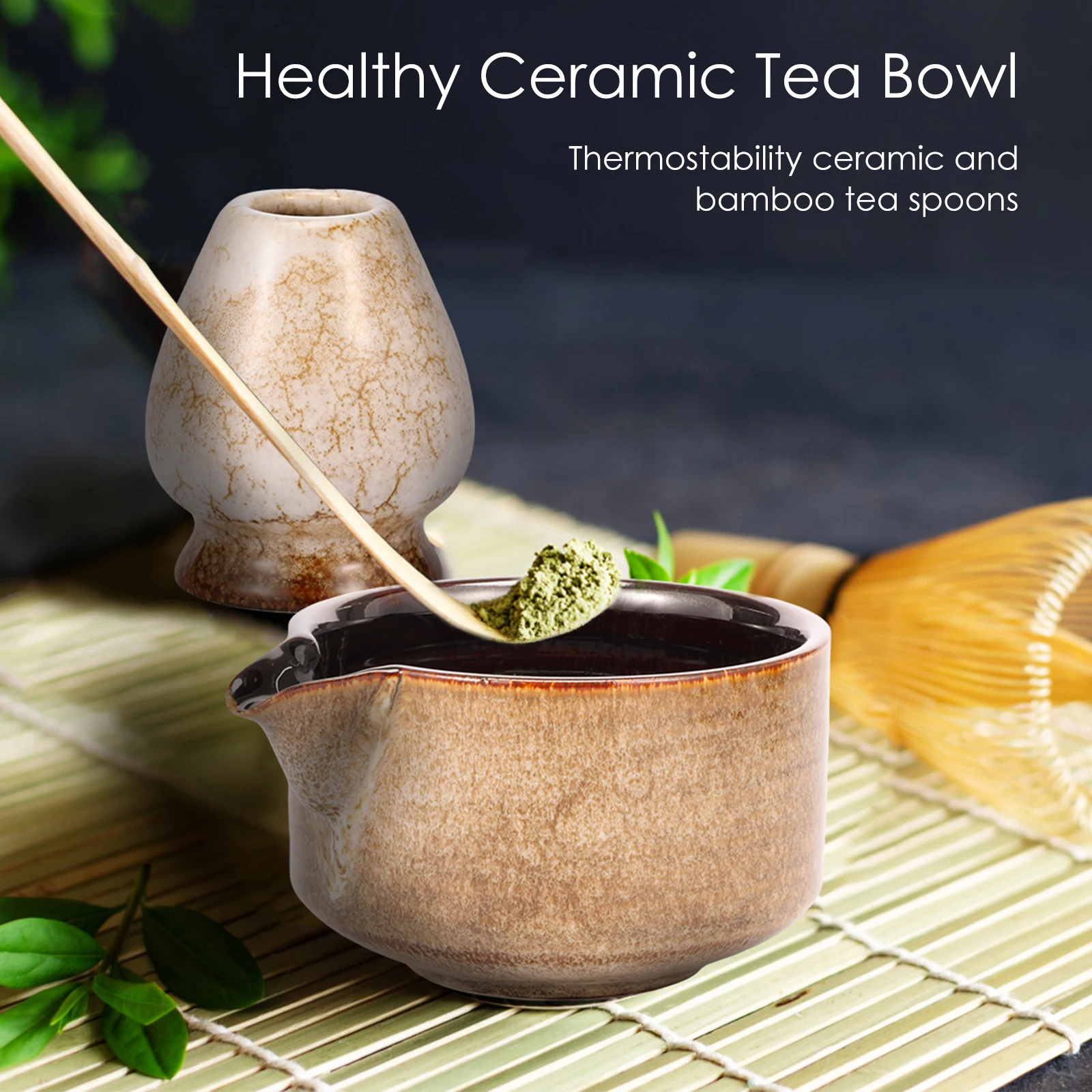 4 Pieces Japanese Matcha Teaset Kit with Ceramic Matcha Bowl Whisk Holder Bamboo Whisk Teaspoon Handmade Starter Tool Set