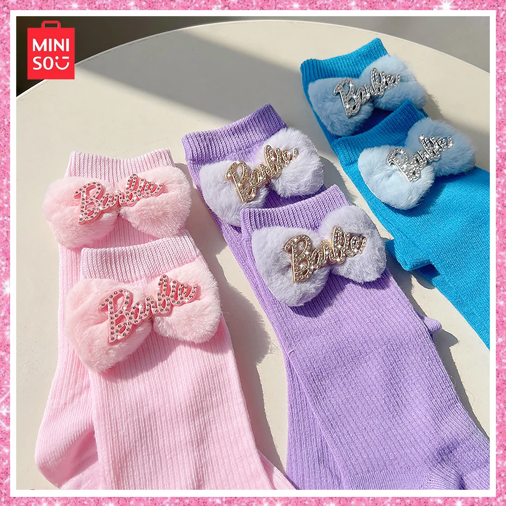 

2023 Moniso Barbie Fall and Winter New Socks Girls Calf Socks Plush Bow Dopamine Cute Student Socks Cotton Birthday Gift