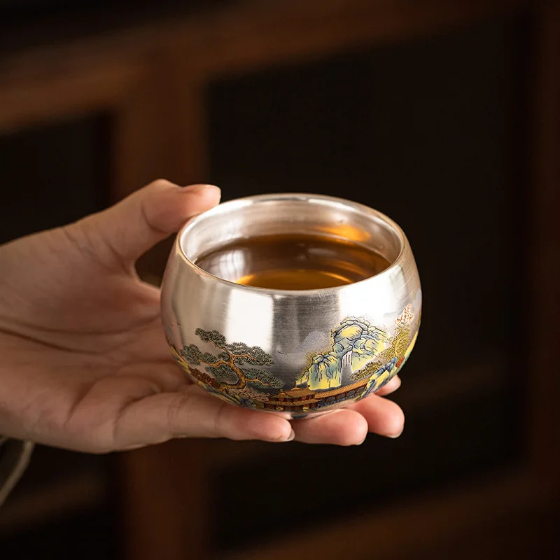 Chinoiserie Tea Cup Sterling Silver 999 Master Cup Single Gilt Silver Tea Ceramic Kung Fu Set Large Gift