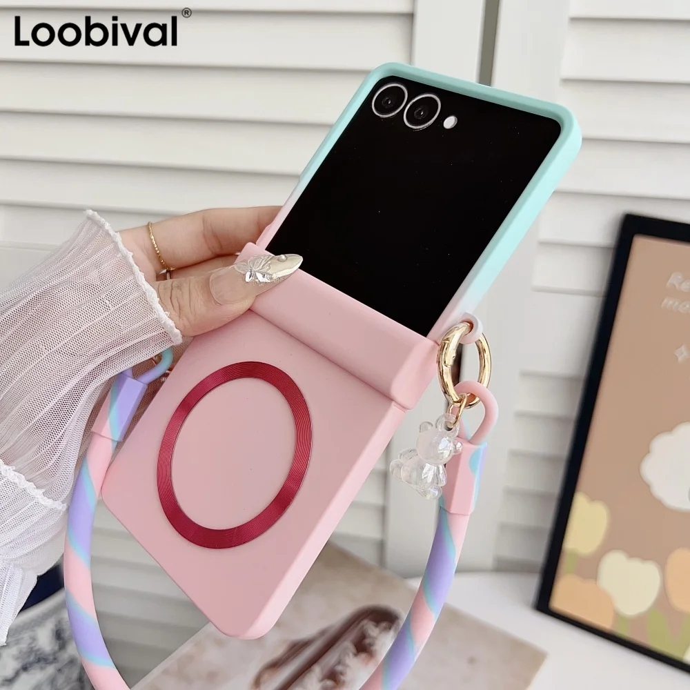 Gradient Candy Color Magnetic Phone Case with Hinge Protection and Wrist Strap