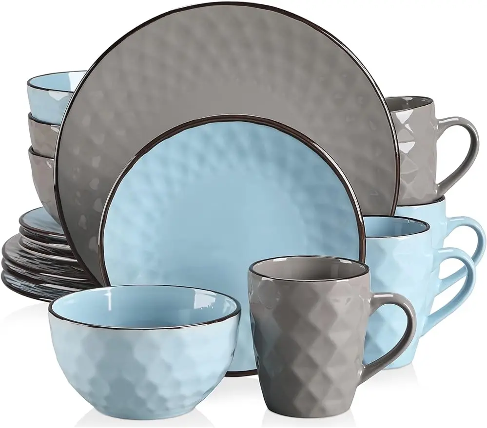 

vancasso Gem Embossed Dinnerware Set for 4, Blue and Grey Dinner Service with Brown Rim, 16 Piece Dinner Set with 10.6in