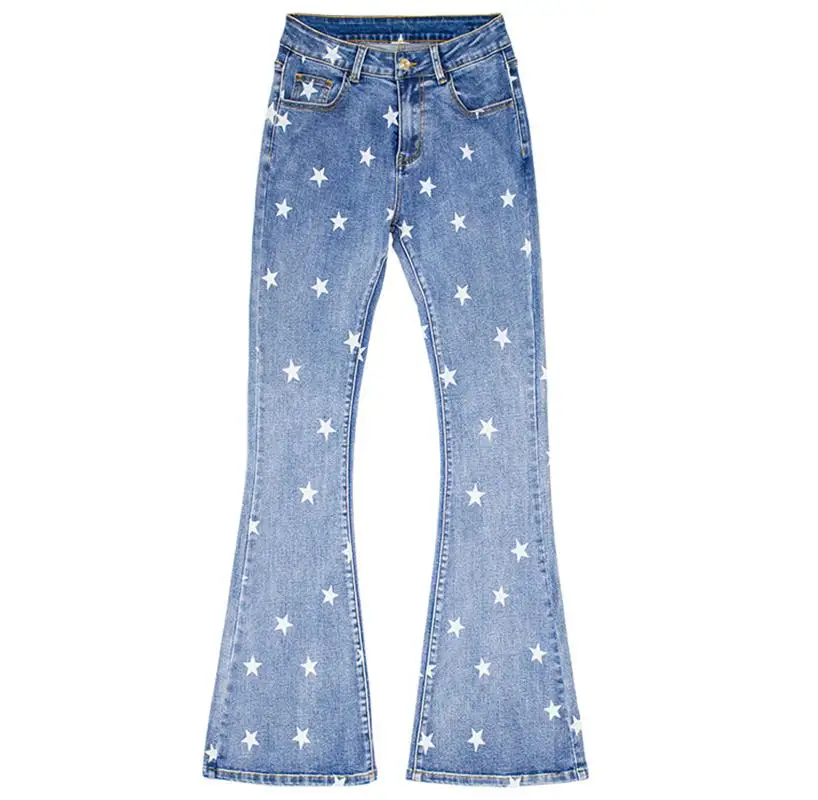 

Women's Jeanswomen's 2023 Autumn New Spicy Girls Street Fashion Personality Star Pattern Printed Blue Washed Denim Bell Pants