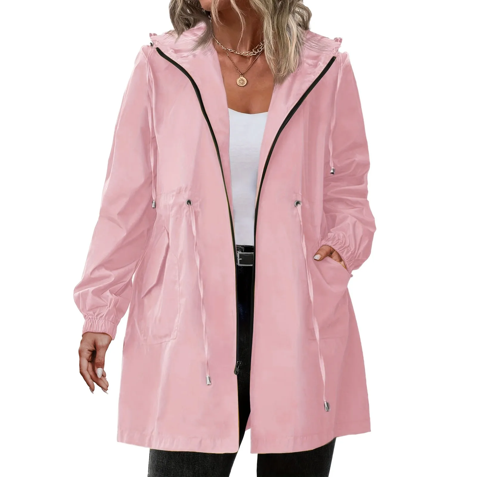 Women Trench Coat New Spring Autumn Jacket Casual Long Sleeve Hooded Mid Long Windbreaker Female Overcoat High-Quality Coats - 4