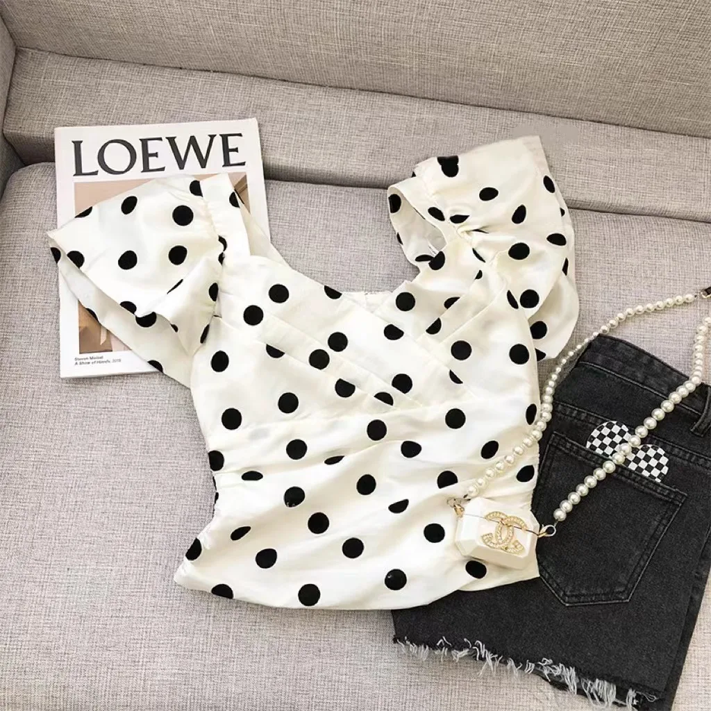 

Girls' Summer New Short Sleeved Shirt Korean Edition Bubble Square Neck Polka Dot Cotton Cloth Middle And Big Children's Fashion