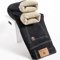 Winter Lamb Fluff Jeans Men Straight Denim Pants Thicken Fleece Warm Stretch Jeansy Plush Lined Business Male Trousers