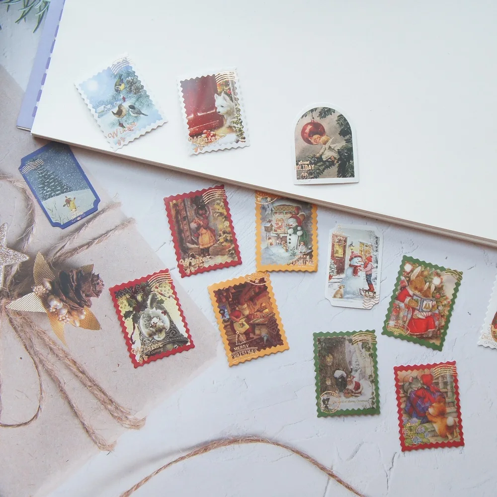 Gold Christmas Santa Rabbit Snowman Stamp Window Shape Style Paper Sticker Scrapbooking DIY Gift Decoration Tag 38pcs handbook stickers
