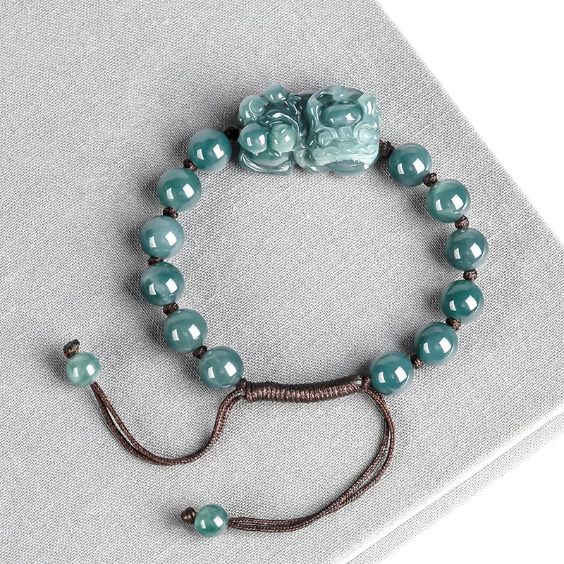 

Myanmar Grade A Jadeite Pixiu Bracelet Adjustable Woven Rope Burma Blue Water Jade Fengshui Pi Xiu Wealth Protection Bracelets