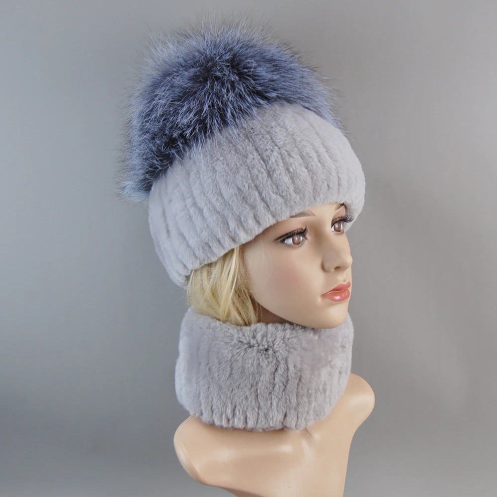 Women Natural Real Rex Rabbit Fur Ring Cap Real Fur Scarves Hats Winter Lady Brand Hand Make Silver Fox Hat Scarf
