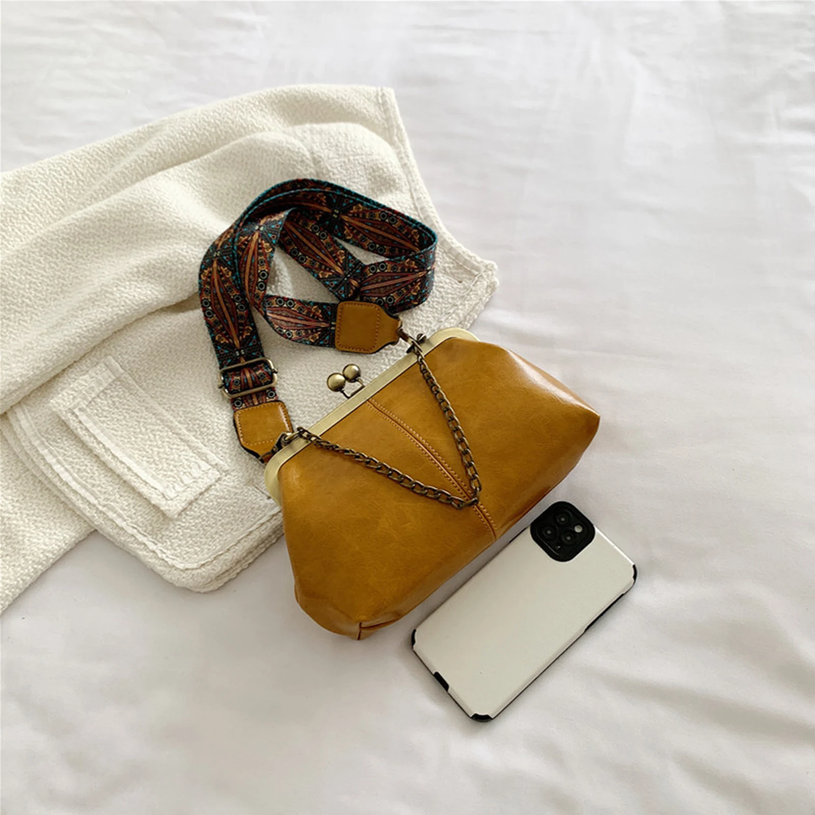 Women Vintage Crossbody Bag PU Leather Handbag Kiss Lock Shoulder Bag Crossbody Purse for Gift