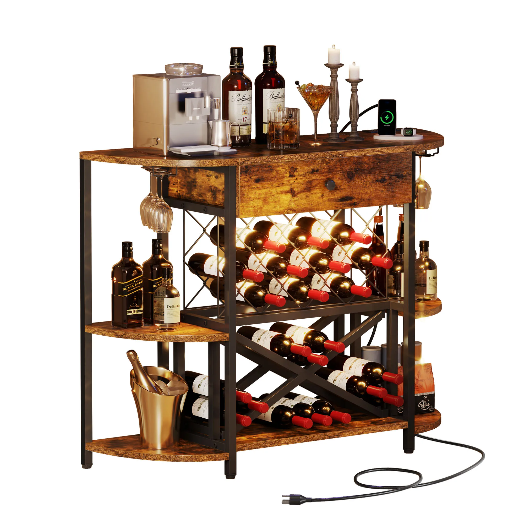 3 Tier Coffee Bar Wine Cabinet with LED Lights & Power Outlets Liquor Wine Rack