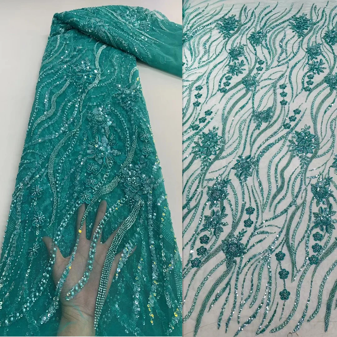 

(5 ярдов/шт.) высококачественное вышитое зеленое Африканское Тюлевое кружево с бусинами и блестками французское Сетчатое кружево нигерийское цветочное кружево FXZ249