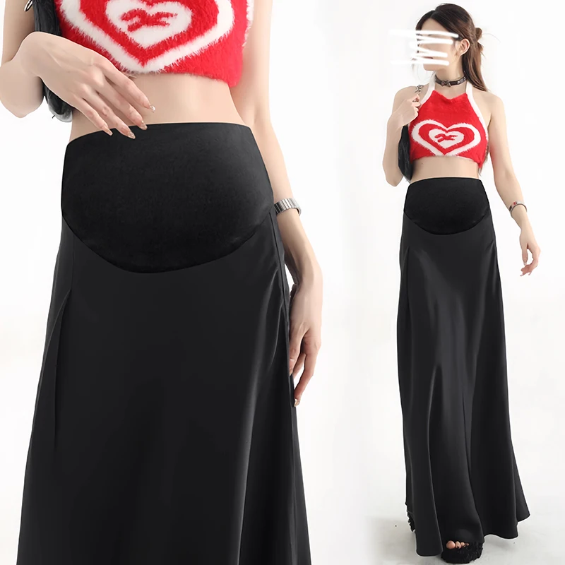 Satin A-Line Maternity Maxi Skirt-Stretchy Belly Panel, Flowy Spring Long Skirt with Adjustable Waist Pregnant Woman Skirts