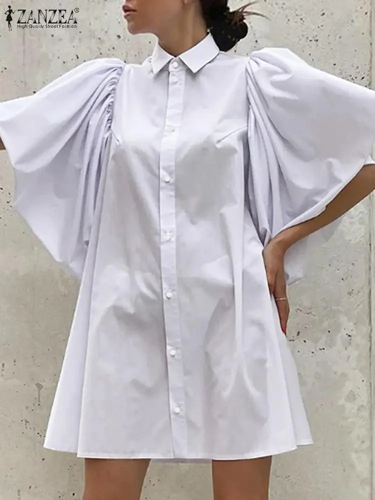 

Элегантное Белое Платье ZANZEA на пуговицах с расклешенными рукавами 2024, Летнее мини-платье, женское шикарное платье с лацканами, модное дизайнерское шикарное платье-рубашка