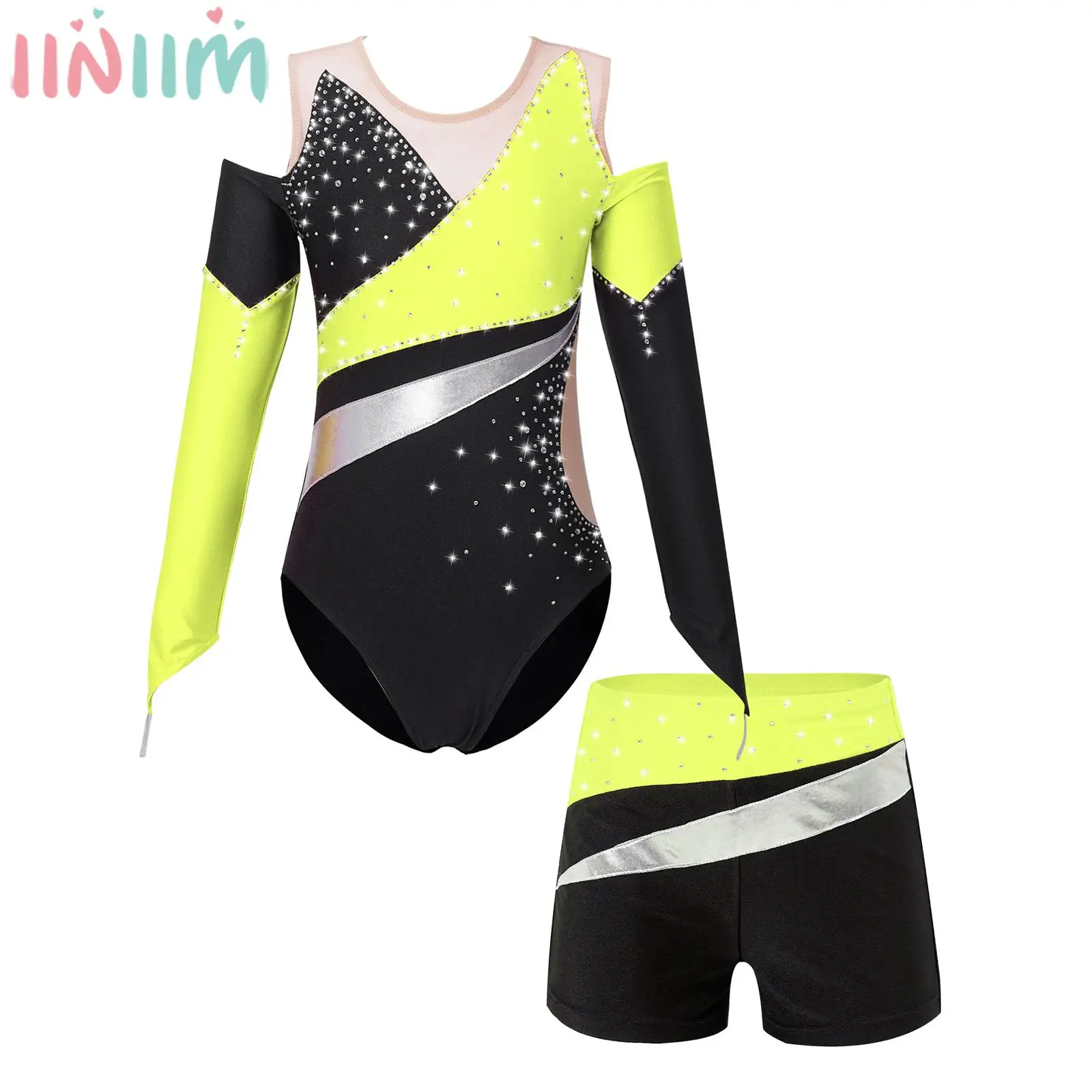 

6-16Y Kids Girls Figure Skating Ballet Dance Outfits Rhythmic Gymnastics Leotard with Shorts Dancer Stage Performance Dancewear