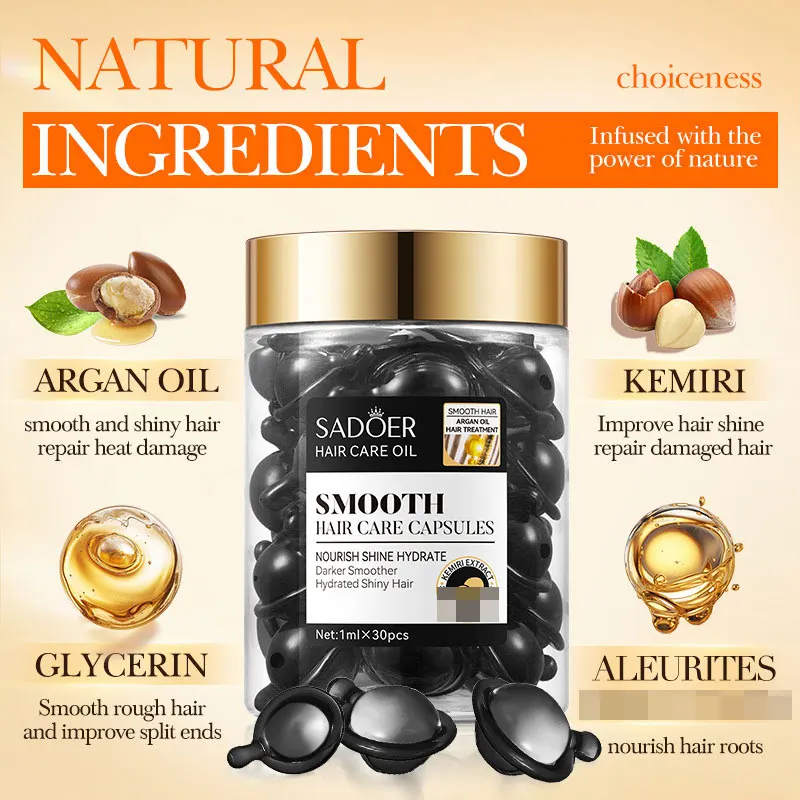 SADOER Argan Oil Hazelnut Smooth Hair Care Capsule Restores Hair Softness and Deeply Moisturizes, Improves Frizzy and Dry Hair
