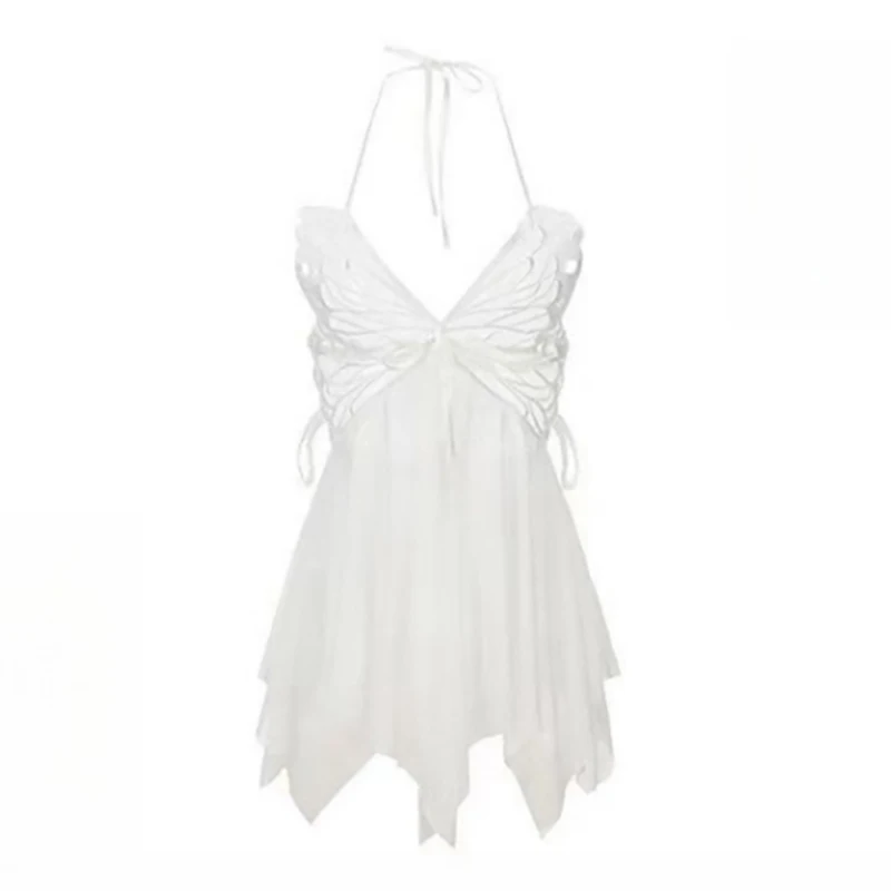 Women V Neck Butterfly Mini Dress Mesh Lace Sexy Nightgown Summer Halter Nightdress