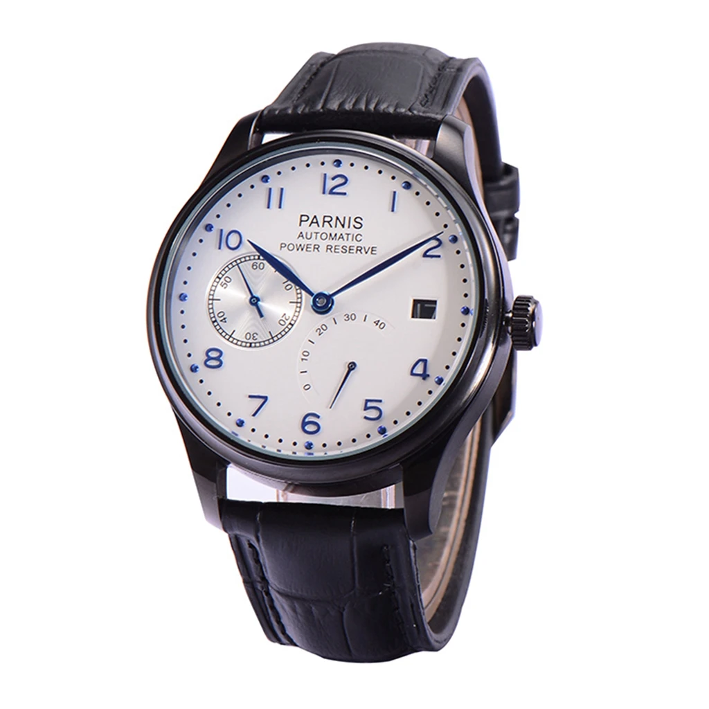 New Fashion Parnis 43mm White Dial Mechanical Watches Men Power Reserve Calendar Waterproof Automatic Self Wind Watch With