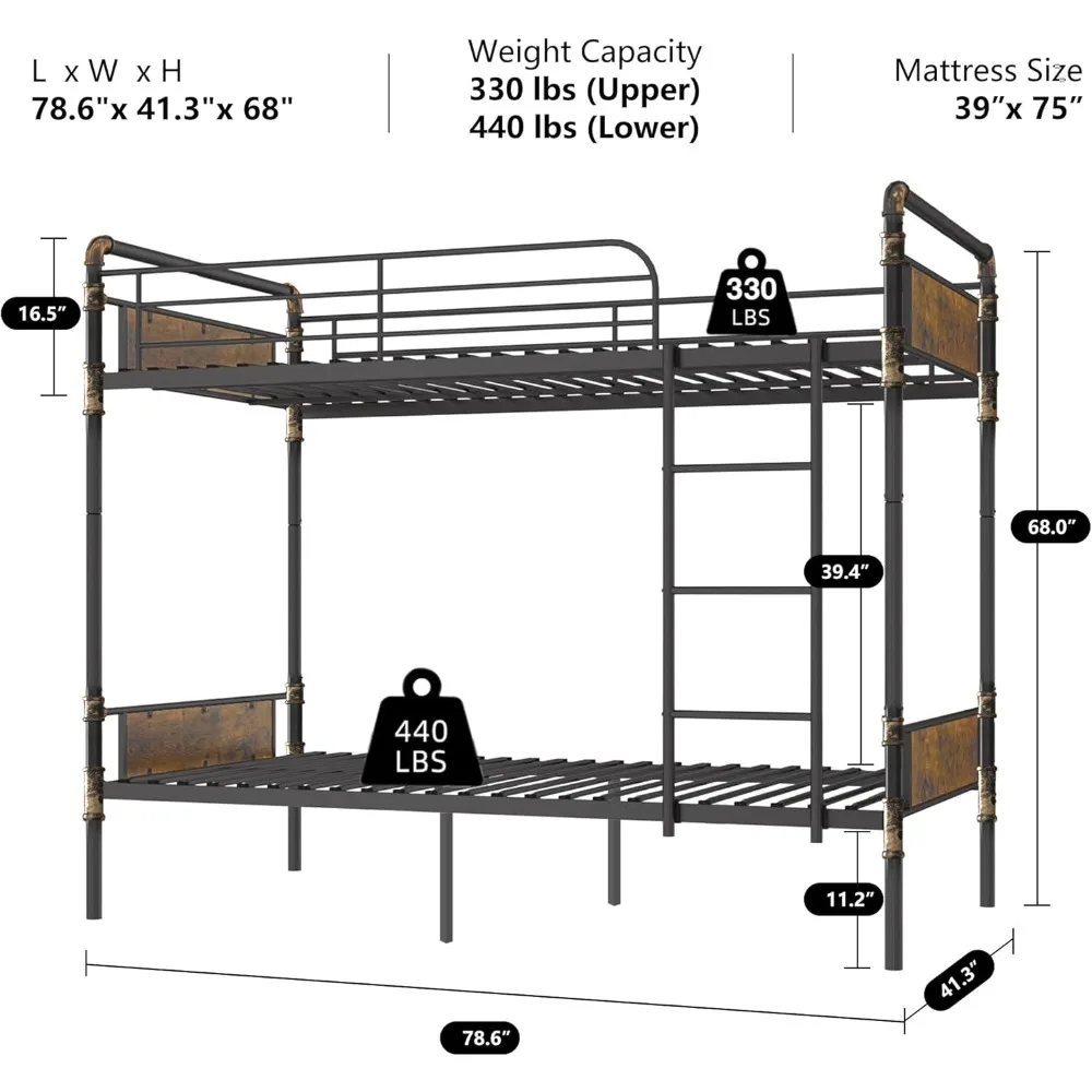 2 IN 1 Metal Bunk Bed Twin Over Twin, Convertible Twin Bunk Beds Into 2 Individual Twin Size Bed for Kids Adults 6