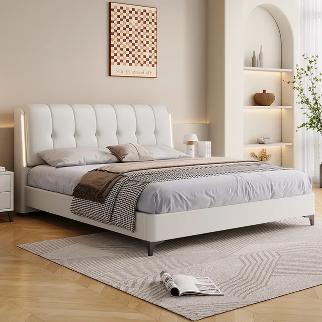 Lit blanc crème moderne minimaliste chambre principale cadre de lit lumière luxe bases confortables e armações de cama meubles d'intérieur 1