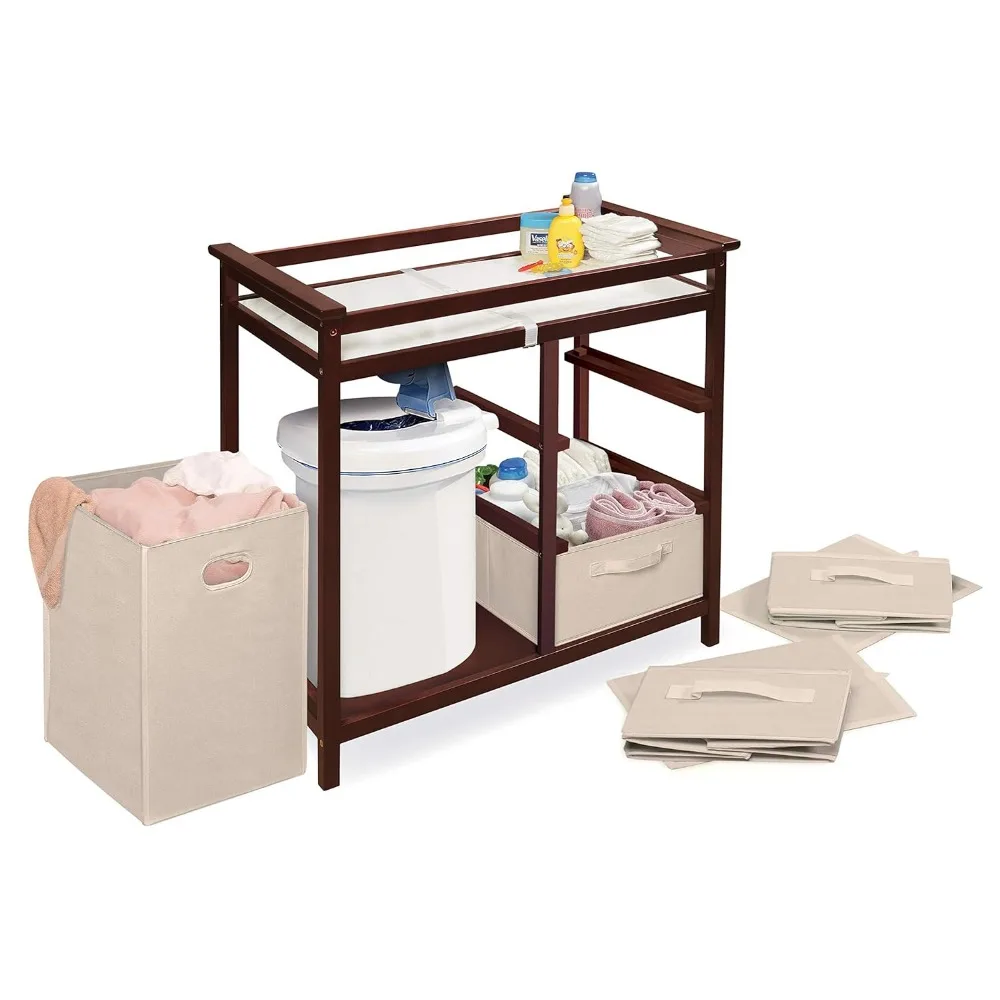 Modern Baby Changing Table with Laundry Hamper, 3 Storage Drawers and Pad, Diaper Change Station-Cherry/Ecru