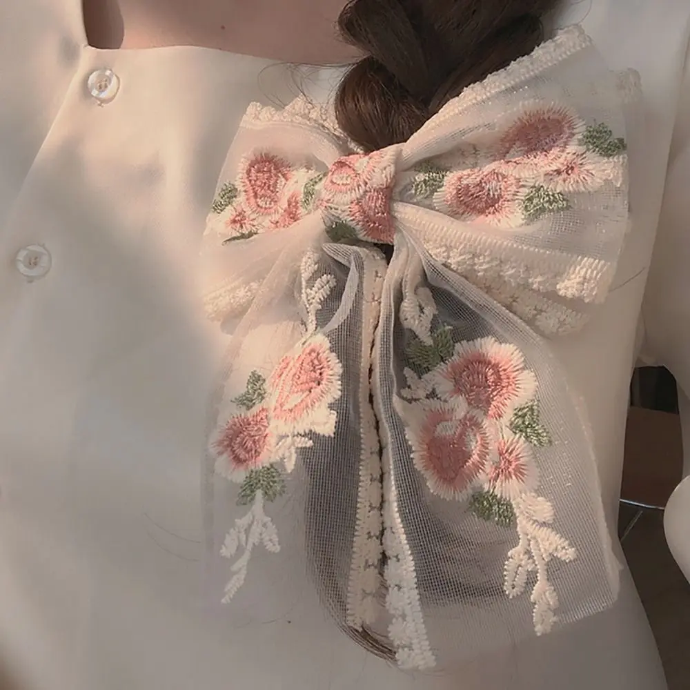 Fermaglio per capelli con fiocco in pizzo dolce ricamo floreale per lo Styling dei capelli morsetto a molla garza per capelli afferrare le donne ragazze - immagine 3