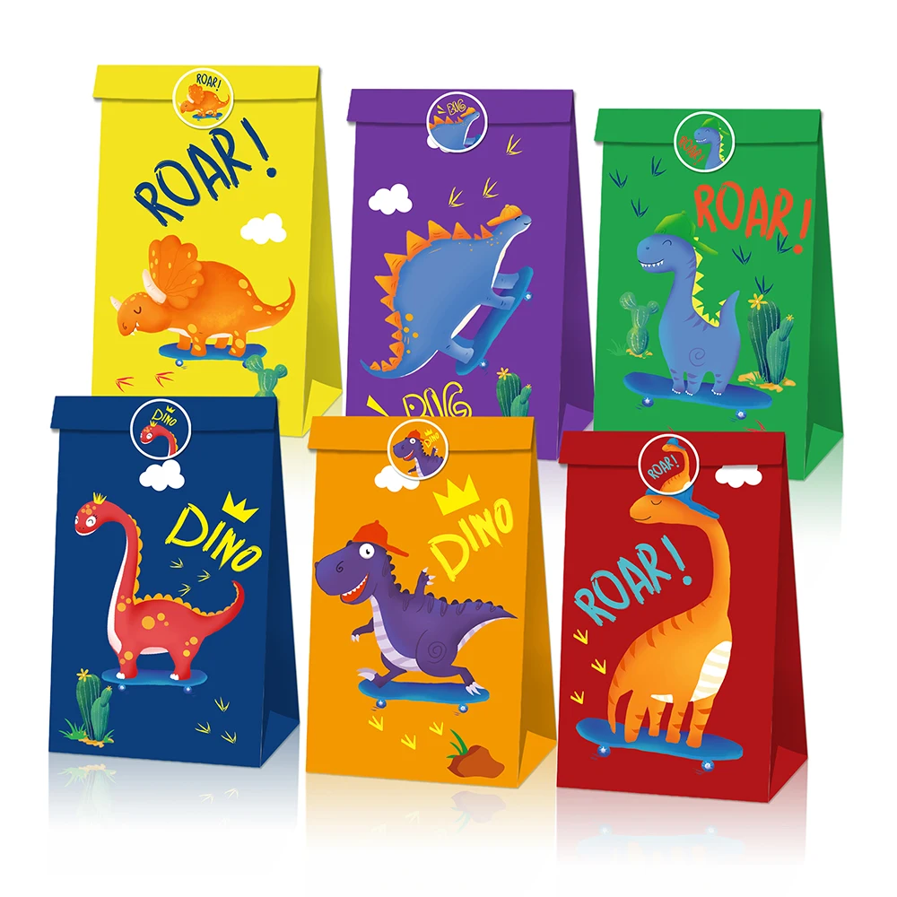 

LB124 12pcs Kids Animals Dino Roar Dinosaurs Wild ONE Birthday Party Cookies Kraft Paper Gift Bags Stickers Baby Shower Party