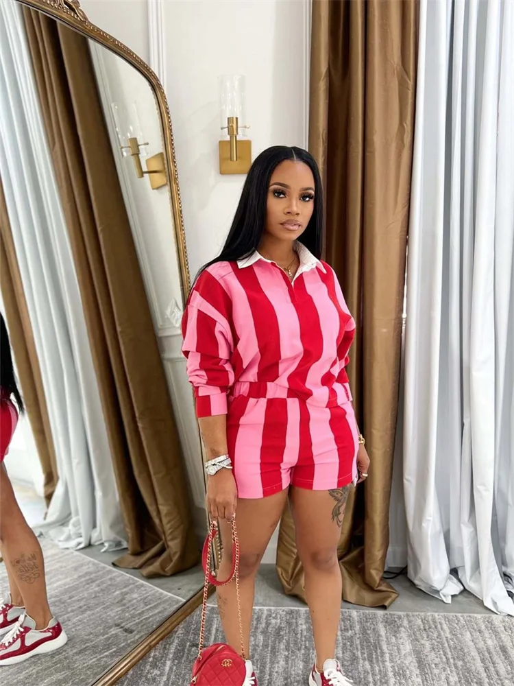 Wmstar Two Piece Set Women Casual  Top and Shorts  Striped Sets New in Summer Clothes Matching Suit Wholesale Dropshipping