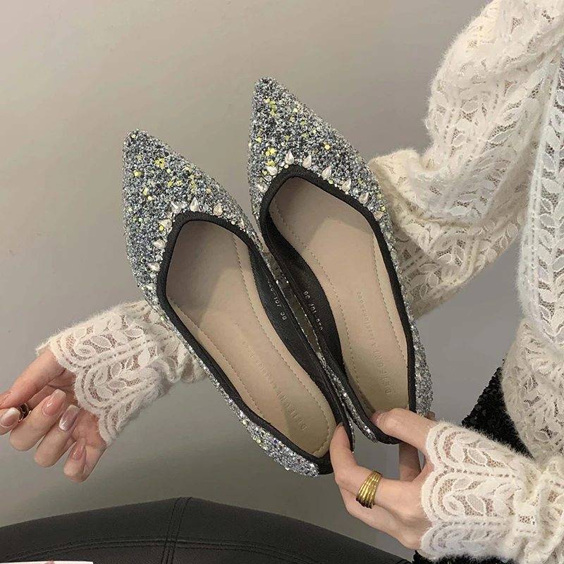 

Pointed Flats Shoes Shallow Sequin Dress Shoes Summer Fashion Bling Shiny Rhinestones Ladies Shoes Women's Pumps Wedding Shoes