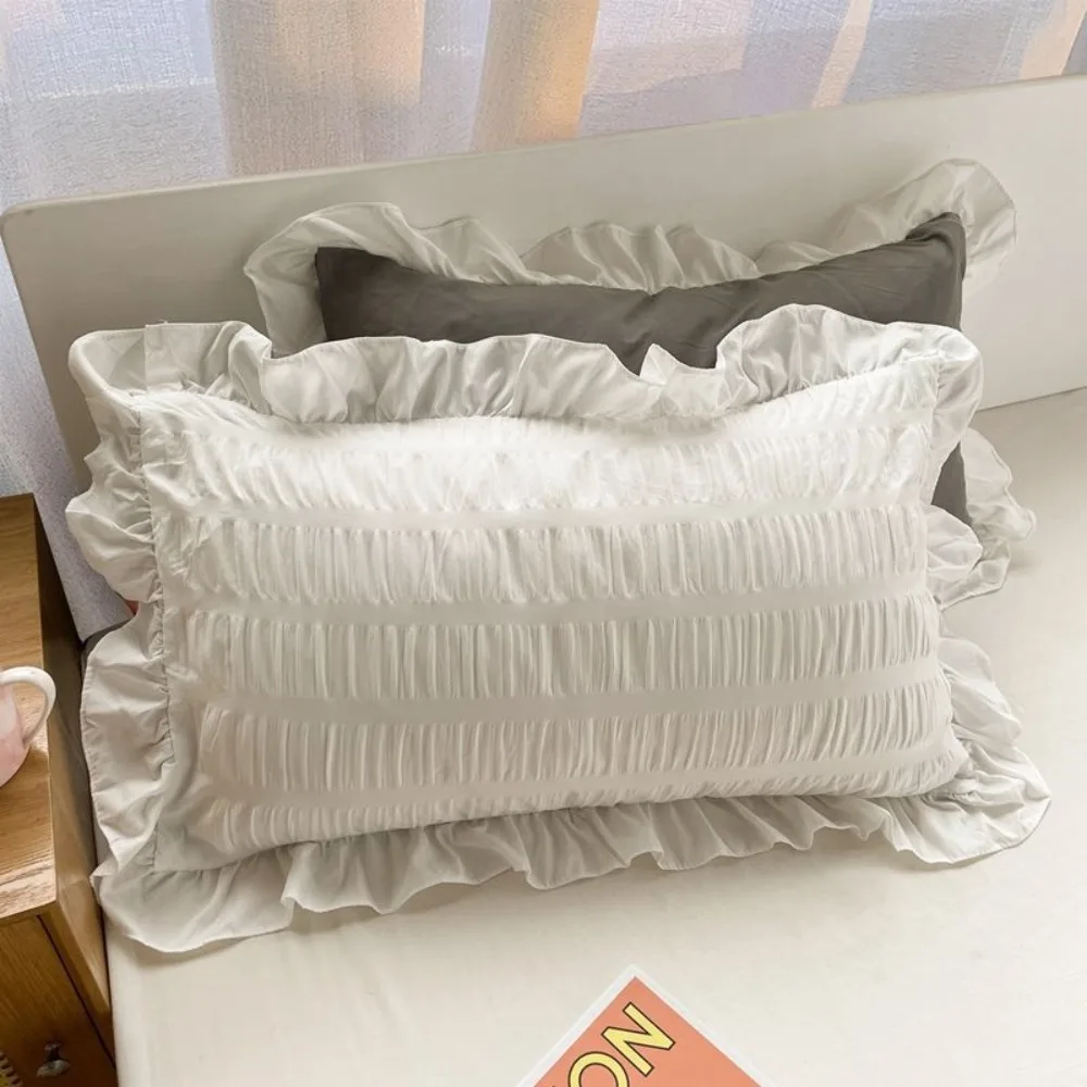 2PCS Home Textile Candy Color Ruffle Pillow Case Soft Decorative Princess Pillowcase Comfortable Washable Bedding Cover Bedroom