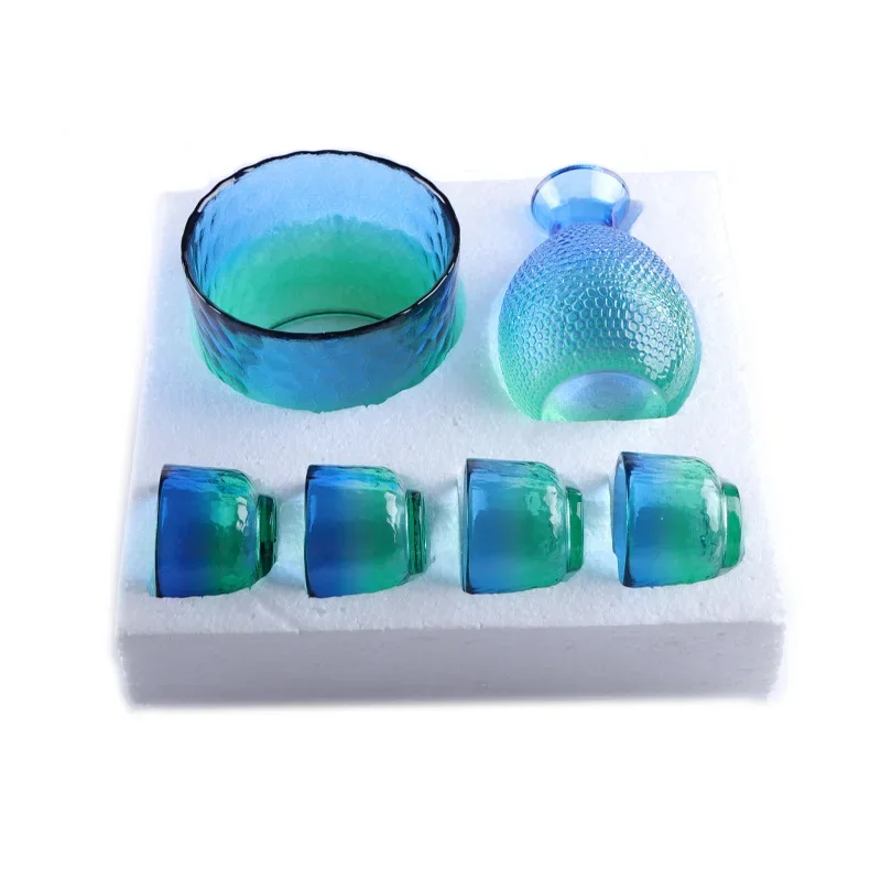 Japanese Style Hammered Peacock Blue Jug Set, Crystal Sake Jug, Cup Liquor Dispenser, Huadiao Wine Hot Jug,wine Warmer, Wine Set