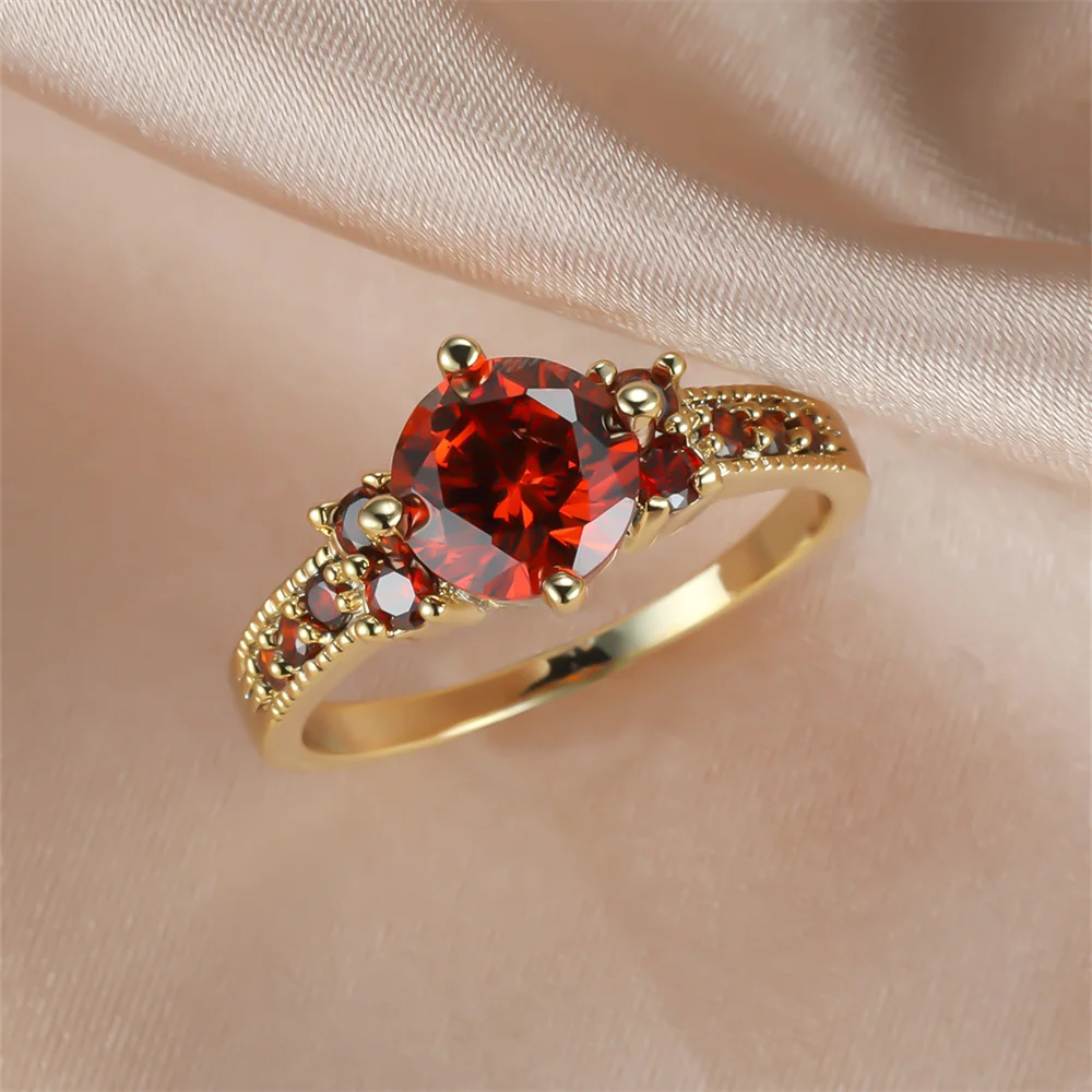 Red Crystal Round Stone Wedding Band Rings For Women Vintage Fashion Gold Color Engagement Bands July Birthstone Jewelry
