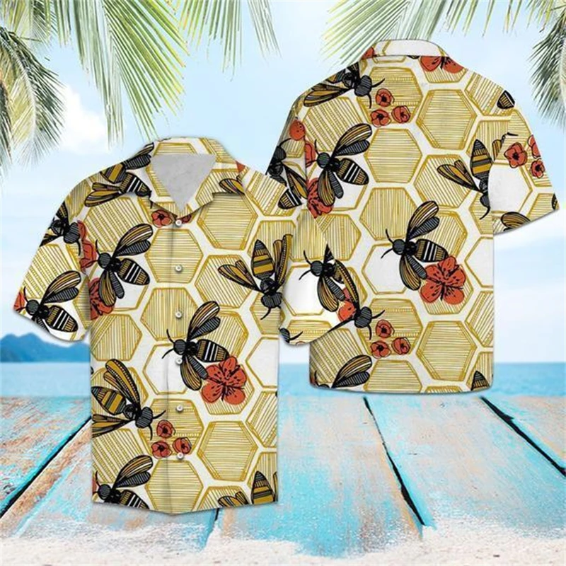 thumbnail image 1 of Camisas casuales de manga corta con botones y solapa con estampado 3D de abejas para hombre, ropa para hombre, camisa hawaiana de verano, ropa de calle para hombre, 1 of 4