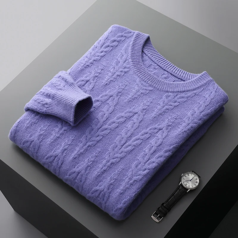Autumn and winter new 100% pure wool cashmere sweater men's round neck twist thick knitted sweater loose fashion bottoming coat 3