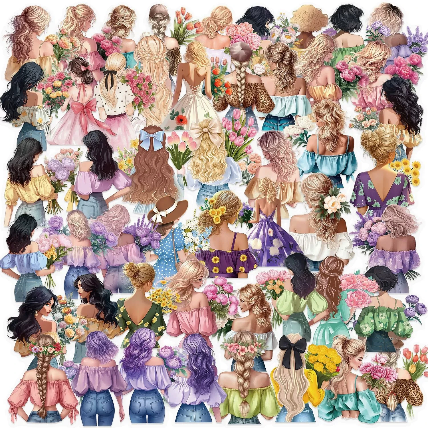 50/100PCS Colorful Flower Girl Sticker Pack Waterproof Transparent PET Decorative Guitar Notebook