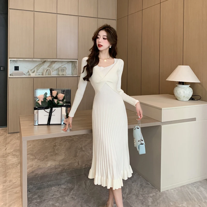 

Women Autumn Winter Sweet Mermaid Knitted Dress French Temperament Simplicity Generous Office Lady Inner Layering Sweater Dress