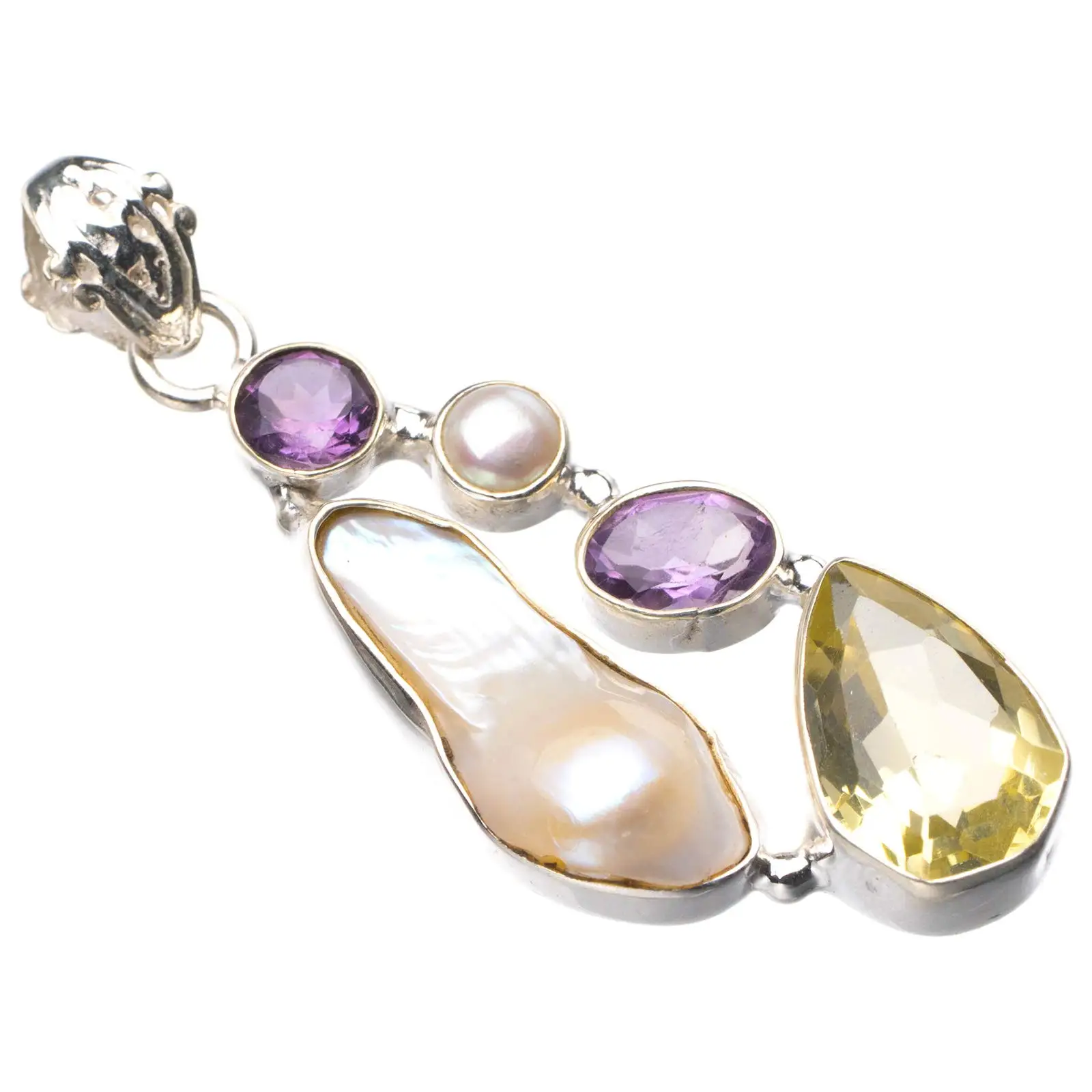 

StarGems®Натуральный зеленый аметист, жемчуг Biwa и подвеска ручной работы из серебра 925 пробы 2 дюйма E0063