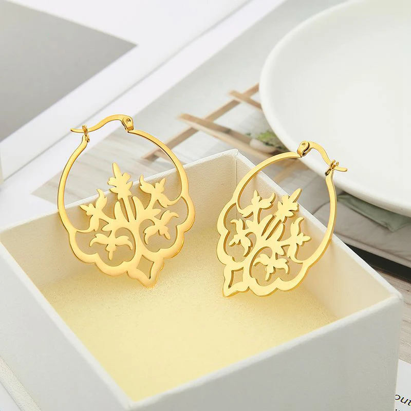 HIPEE Fashion Tree of Life Stainless Steel Earrings For Women Personalized Hollow Amulet Life Tree Hoop Earrings Wedding Jewelry