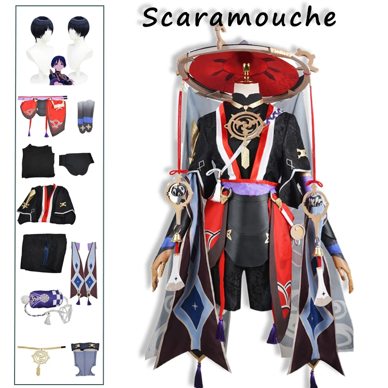 

Scaramouche Cosplay Genshin Impact Costume Wanderer Wig Shoe Set Anime Halloween Party Cosplay Uniform Men Balladeer Kunikuzushi