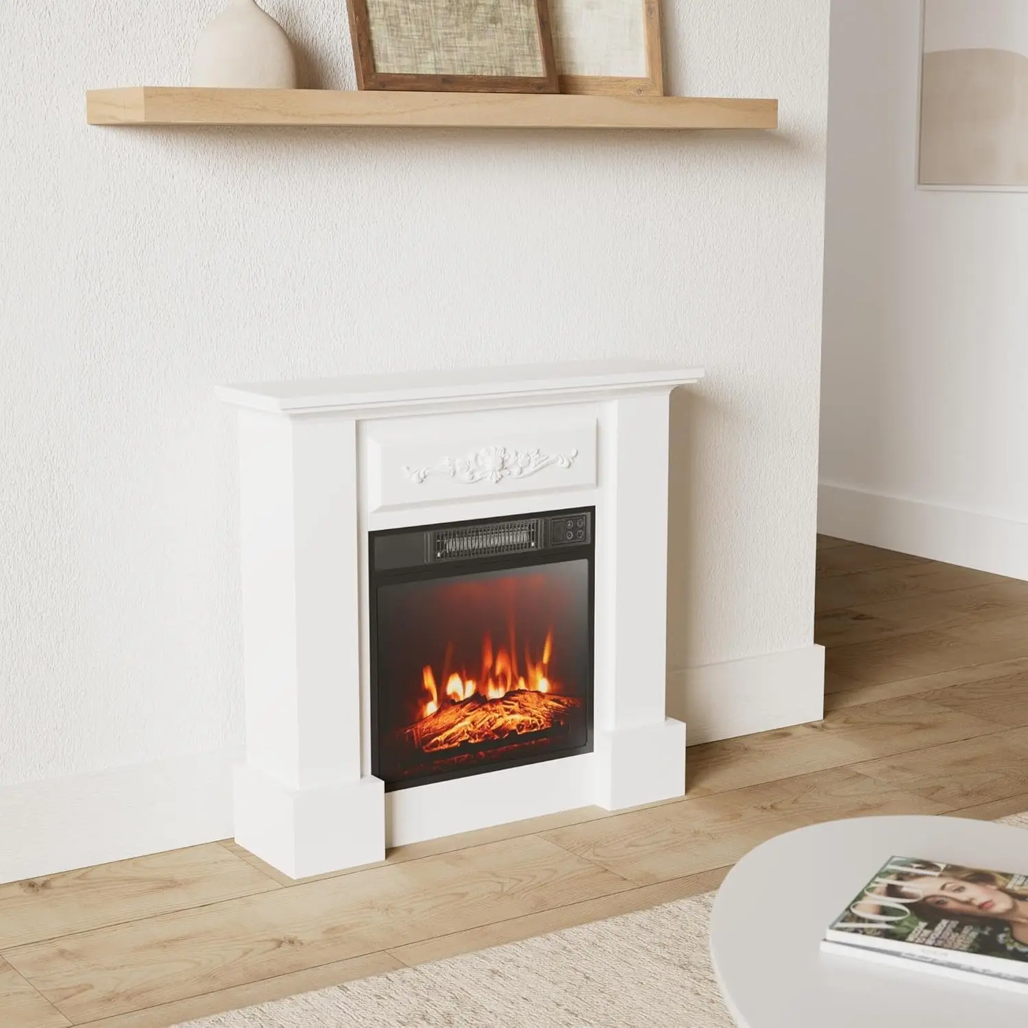 Electric Fireplace with Mantel 1400W Freestanding Mantel Fireplace Heater with Remote Control 3 Flame Brightness Thermostat