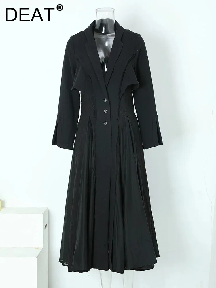 

DEAT Fashion Women's Stitching Jacquard Pleated Liene Long Elegant Dresses Lapel Slim Vintage Dress Female 2024 New Items 3W6617